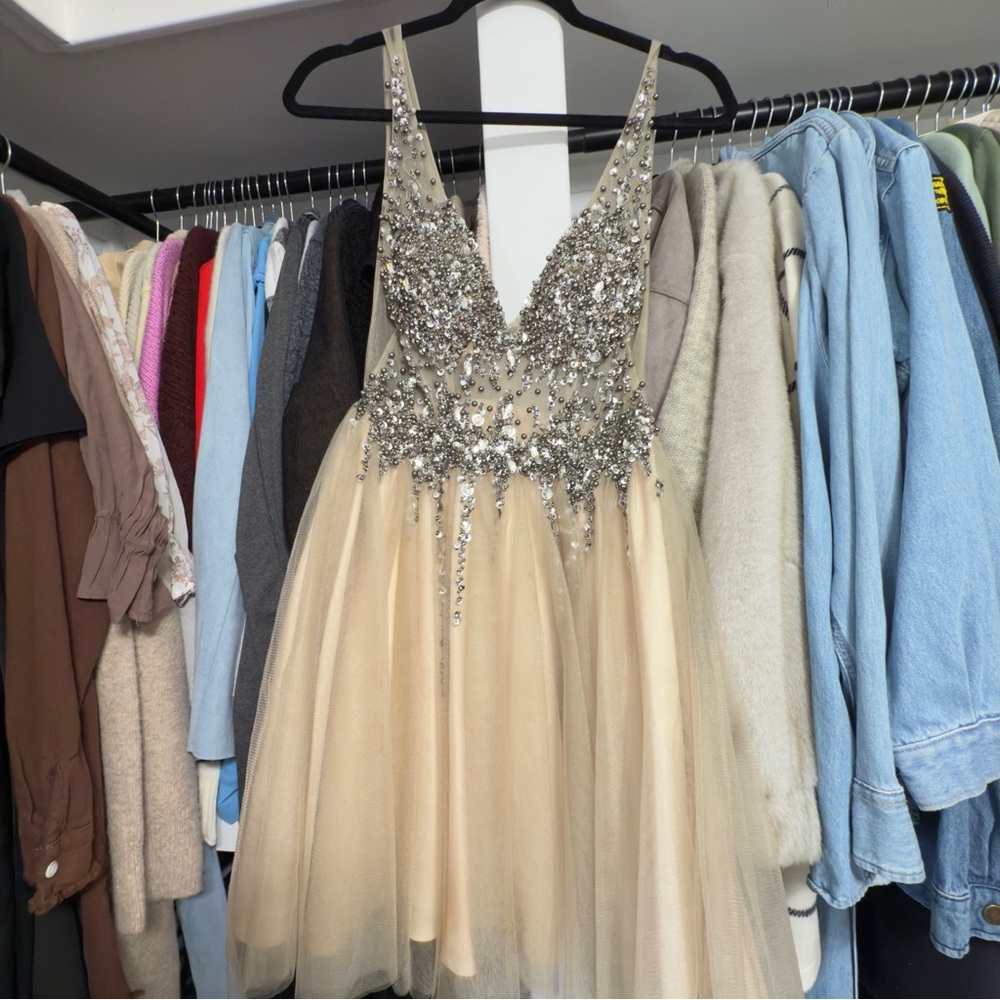 Gianni Bini Silver and Cream Embellished Prom Gown